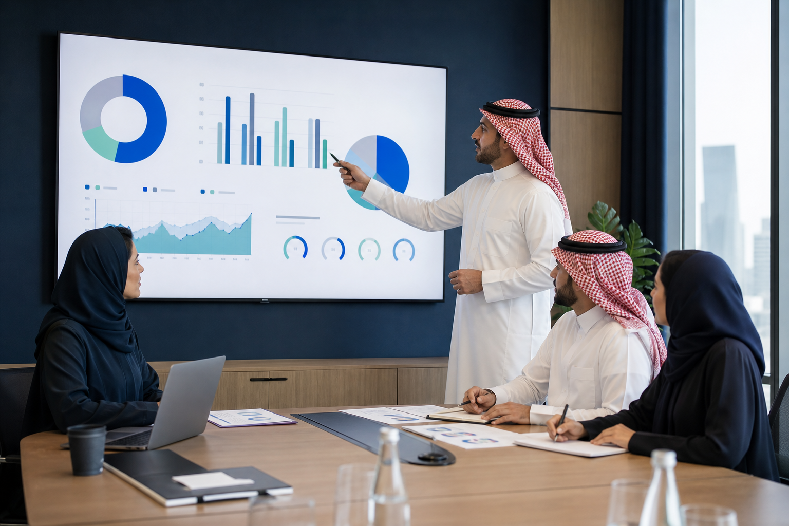 فريق شركة يراجع مؤشرات نتائج التدريب